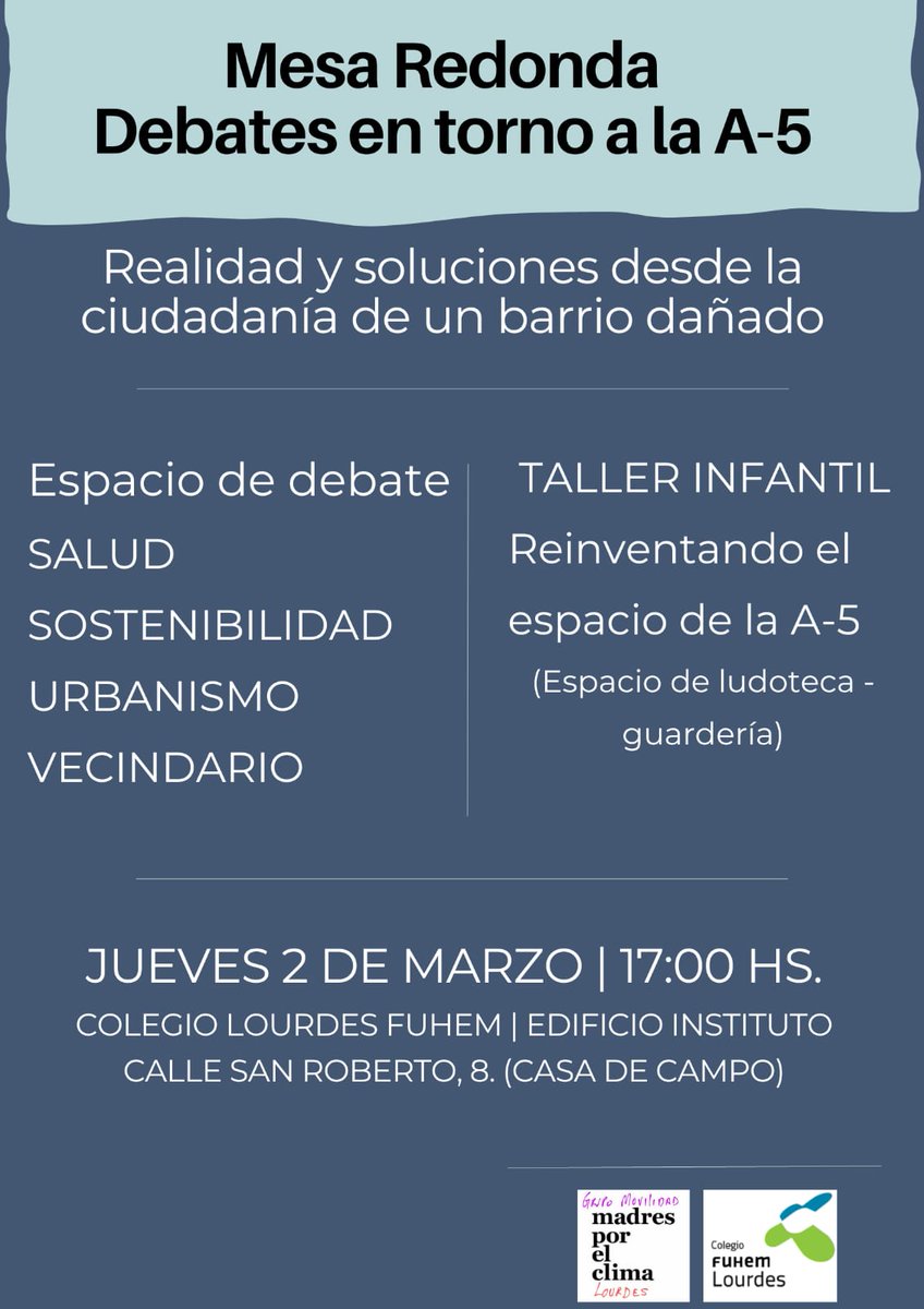 MXCLourdes's tweet photo. Es el momento de actuar!
Mesa redonda-debate en torno a la A-5 Para conocer y opinar de la realidad y de la soluciones para un barrio y un entorno dividido. https://t.co/jfVLrty2FC