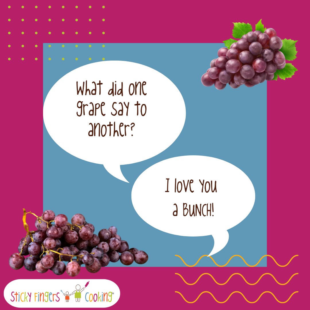 Today's joke is a GRAPE one 🍇

#StickyFingersCooking #KidsCook #KidsCooking #KidsCookingClass #KidsCookingClasses #KidsCookingClub #OnlineClass #KidsOnlineClasses #OnlineCookingClasses #FreeCookingClass #KidChef #KidChefs #KidsInTheKitchen #ChefSkills #Joke #FoodJoke #Grapes