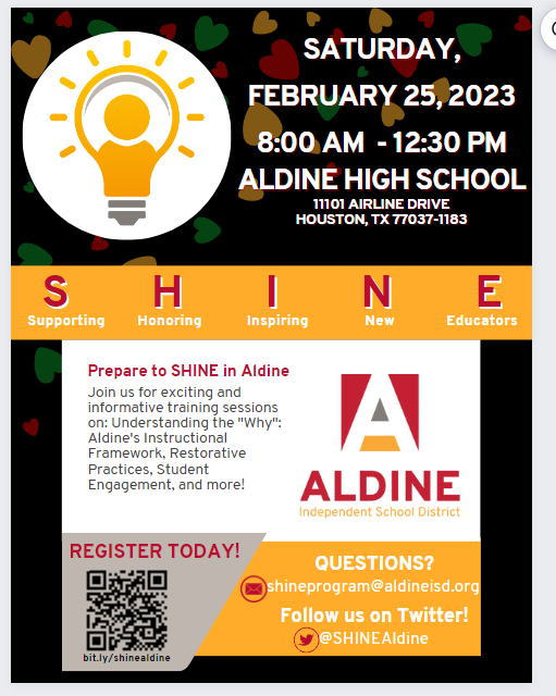 Dr. Gwendolyn A. Lockett (She/Her) (@drgalockett) on Twitter photo Hey Int'l, 0-1, & Assoc. <a href="/AldineISD/">Aldine ISD</a> T's! Come out and SHINE with us tomorrow 2/25/23! Topics include: best practices for navigating stress, the "why" of our academic priorities, AISD online resources and more! Register @ bit.ly/shinealdine #AldineConnected Hey Int'l, 0-1, & Assoc. <a href="/AldineISD/">Aldine ISD</a> T's! Come out and SHINE with us tomorrow 2/25/23! Topics include: best practices for navigating stress, the "why" of our academic priorities, AISD online resources and more! Register @ bit.ly/shinealdine #AldineConnected