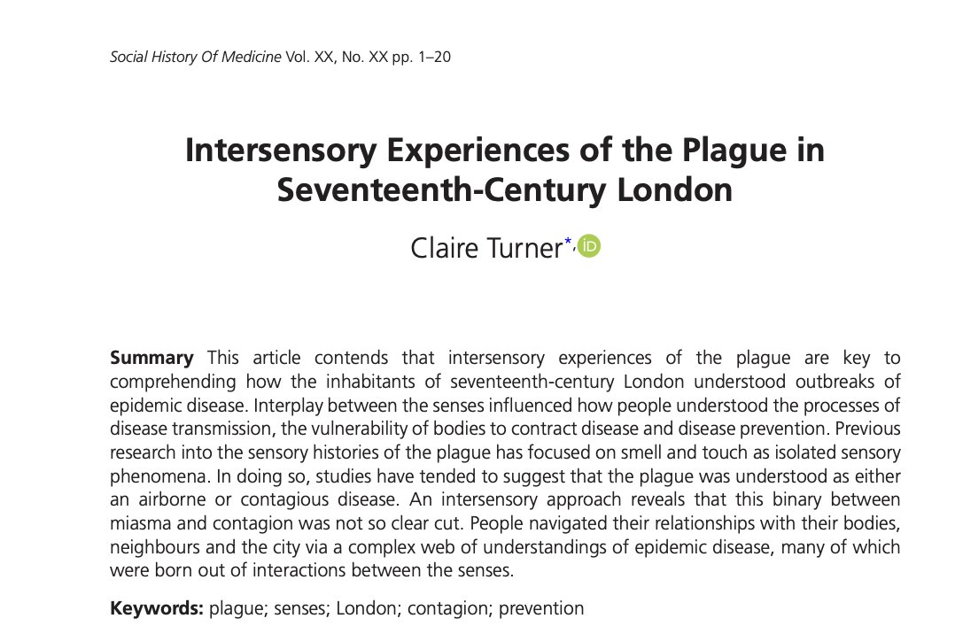 Very pleased to share that my journal article on 'Intersensory Experiences of the Plague in Seventeenth-Century London' has been published online this week with Social History of Medicine <a href="/SSHMedicine/">SSHM (@sshmedicine.bsky.social)</a> academic.oup.com/shm/advance-ar…