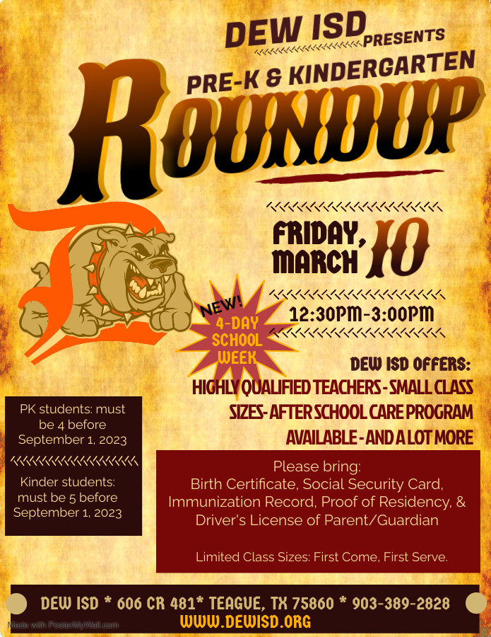 dewisd's tweet photo. Pre-K and Kindergarten Roundup will be March 10 at Dew ISD.  

We are excited to announce our new 4-DAY WEEK!!! It's a great time to join our Bulldog Family!

If you are interested, please click on the link below:
https://t.co/vzc81VtCpU https://t.co/8dftDIdsfE