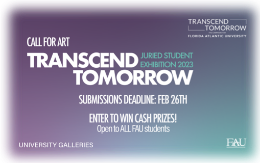 Call for Art: FAU University Galleries is now accepting submissions for the 2023 Juried Student Exhibition which will be held both in the Ritter Art Gallery, Boca Raton, and in MetroLAB, Fort Lauderdale. 
Submit/ learn more at vaah.slideroom.com/#/login/progra….