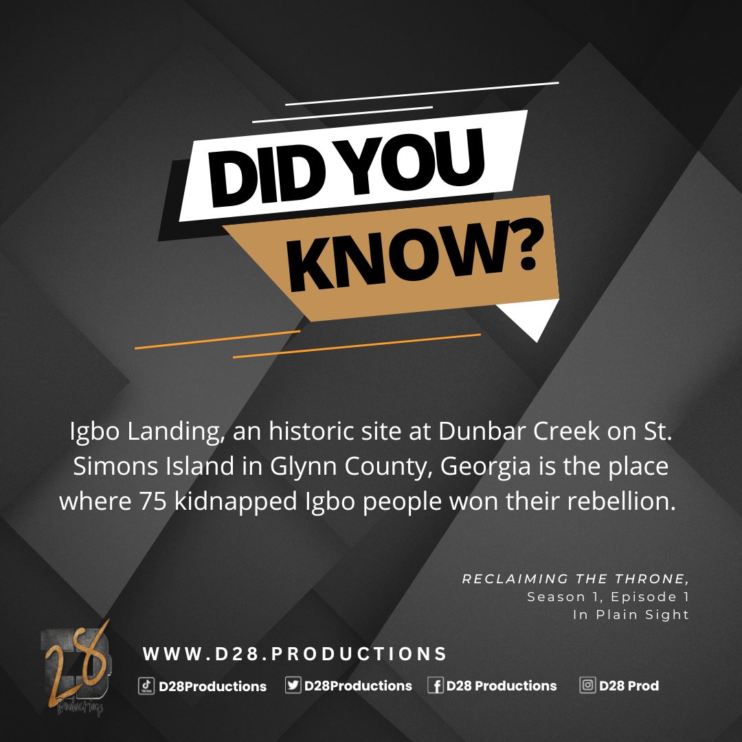D28productions's tweet photo. In 1803, kidnapped Igbo people won a rebellion against their captures at Dunbar Creek on St. Simons Island in Glynn County, Georgia. After, they walked into the water as they would rather die and be free than be slaves. #reclaimingthethrone #reclaimingourhistory #d28productions https://t.co/ga1VJNXOrR