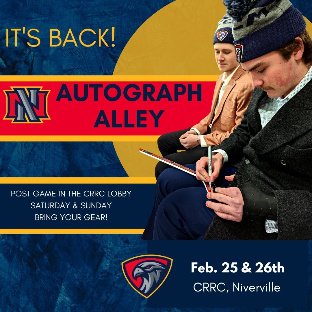 MJHLNighthawks's tweet photo. Autograph Alley makes it's return this weekend at the CRRC! We'll have your favourite Nighthawks ready to sign your gear after both home games this weekend, so stock up, line up and get ready for a weekend of playoff style hockey! #takeflightMJ #theMJ #autographalley https://t.co/Q4gsfZKPrt