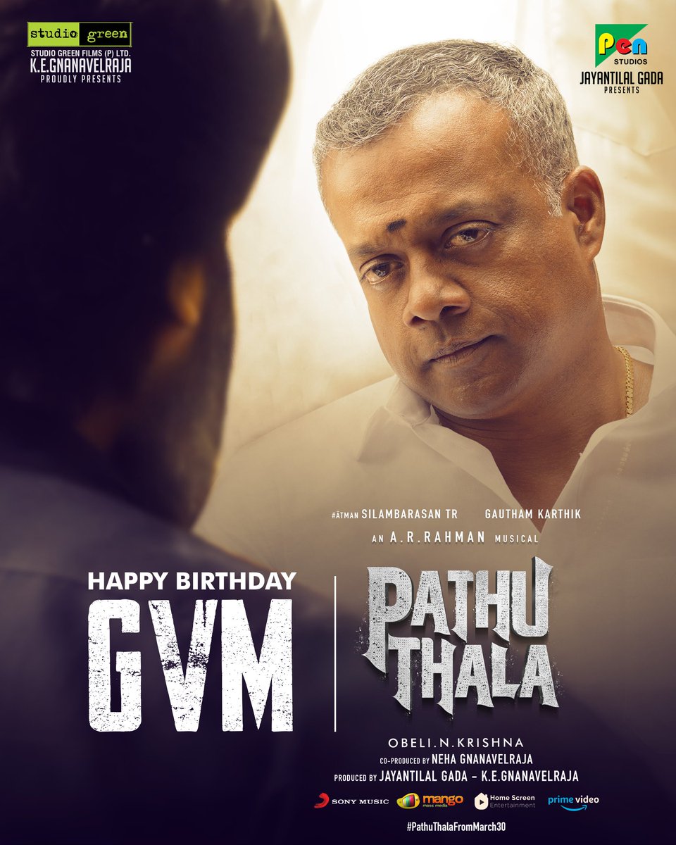 StudioGreen2's tweet photo. Wishing Our Beloved Filmmaker &amp; Actor Gautham Vasudev Menon sir, a Very Happy Birthday 🥳✨ From Entire team of #PathuThala

Can't wait to see you in #AGR's world 🔥

@menongautham  #HappyBirthdayGauthamVasudevMenon #HBDGVM #HappyBirthdayGVM

#Atman #SilambarasanTR https://t.co/np4P6nknZF