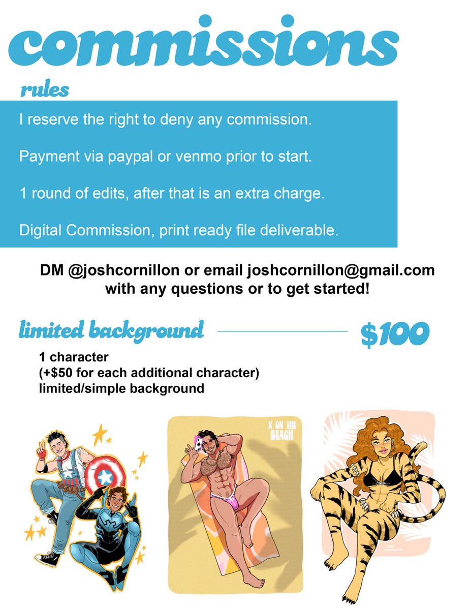 joshcornillon's tweet photo. hey folks!
opening commissions again! First come, first served, so DM or hop into my emails!!

let's collab and make something cool!! literally had the most fun with my last round so super excited https://t.co/lXBKc57Qgd