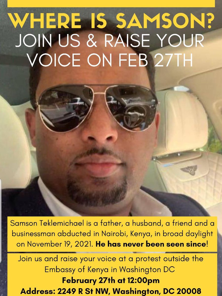 ❗️A family in distress! (Please Retweet)

Samson Teklemichael, a father of three a loving husband and a prominent businessman was driving home, when he was pulled over by traffic police in Nairobi, #Kenya and herded off in a Subaru by three plain clothed policemen on November 19,