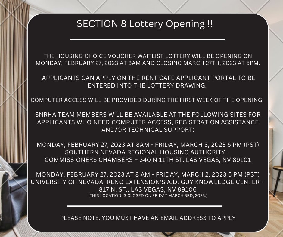 nvhousing's tweet image. Section 8 Lottery Opening!! For additional information call The Southern Nevada Regional Housing Authority at 702.477.3100 #communityresource #SNRHA