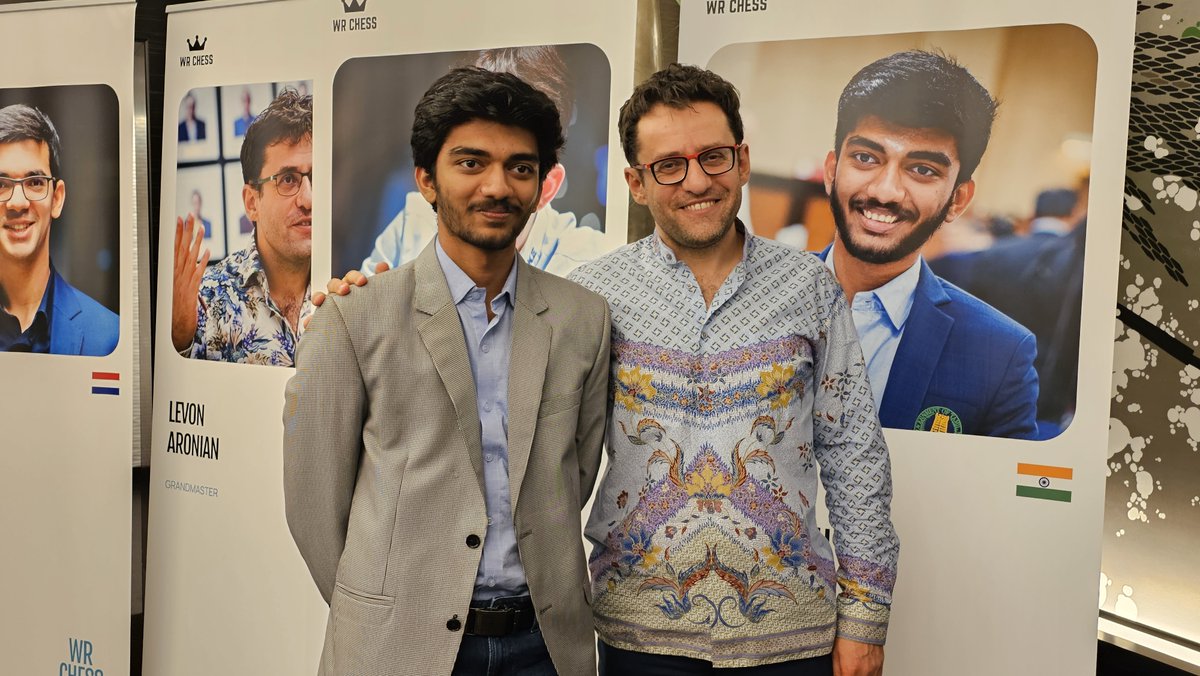 ChessbaseIndia's tweet image. Aronian and Gukesh are both on 5.0/8 and will faceoff against each other in the final round of @wr_chess Masters 2023. 

When we asked them to pose together to show some sort of rivalry for tomorrow, Levon put his hand around Gukesh&apos;s shoulder and said, &quot;We are all friends!&quot;