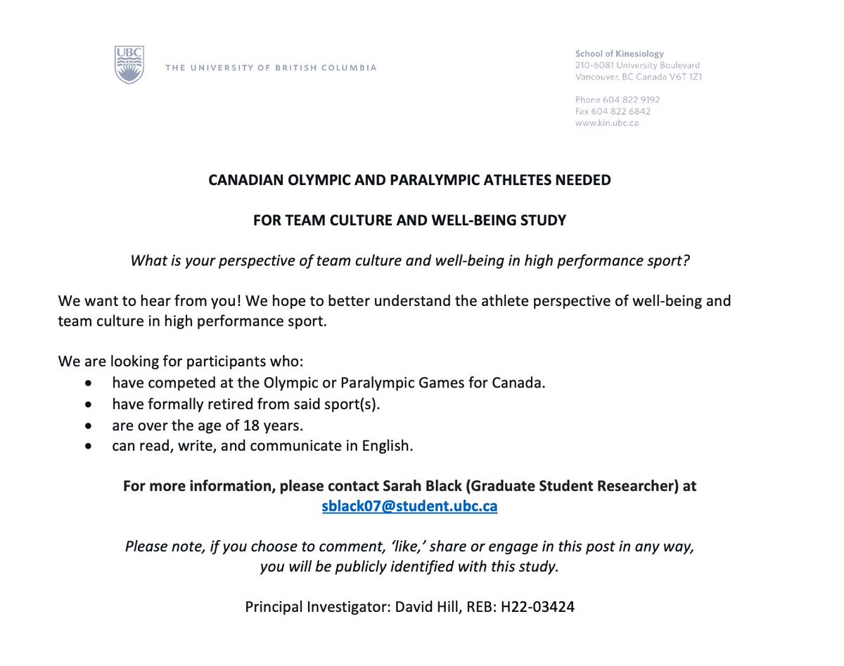 Have you competed at the Olympic or Paralympic Games? I would love to hear about your experiences and your perspectives of well-being and team culture in high performance sport! 

Please see poster below for more details and please share widely.