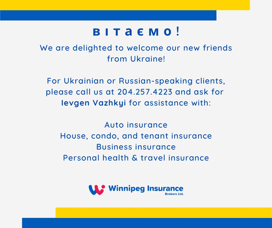 wpginsbrokers's tweet photo. Need service in the Ukrainian or Russian languages?? We’ve got you covered! 

Reach out to Ievgen at 204.257.4223 or email info@wpgins.ca for all your general insurance needs!

#welcometomanitoba #ukrainian #insurance #winnipeginsurance #manitobainsurancebroker https://t.co/gbYyMrdWTO