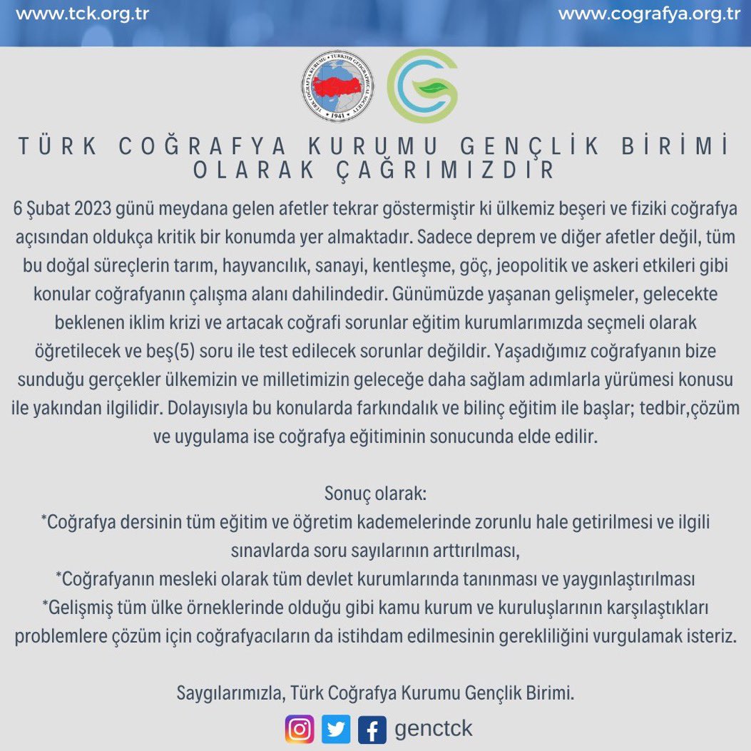PnrOBA's tweet photo. Türk Coğrafya Kurumu Gençlik Birimi Olarak Çağrımızdır
*Coğrafya dersinin tüm eğitim ve öğretim kademelerinde zorunlu hale getirilmesi ve ilgili sınavlarda soru sayılarının arttırılması,
#zorunlucoğrafyadersi https://t.co/Zgr5HcnKhK
