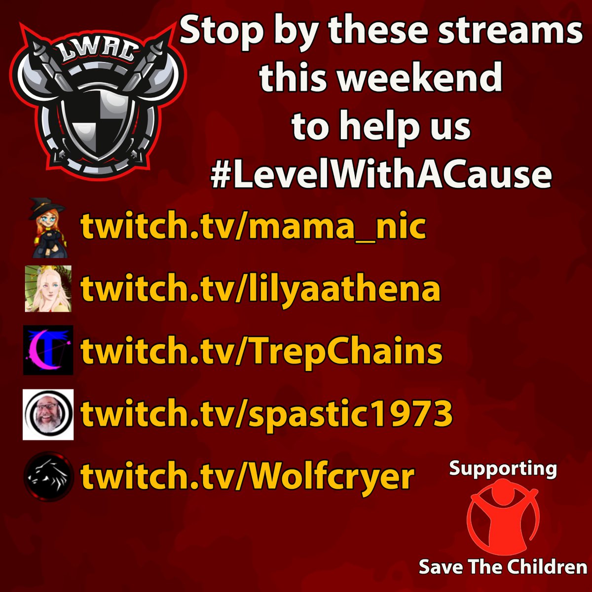 WolfcryerYT's tweet photo. Be sure to tune in to these streams to help the #LWAC team raise some money for @SavetheChildren all weekend long (2/24-2/27)  There's still time to sign up and stream for the event!  You can join or donate directly to the campaign here: https://t.co/IAdYmGrsPS
@tiltify https://t.co/6S6kE8slZ8