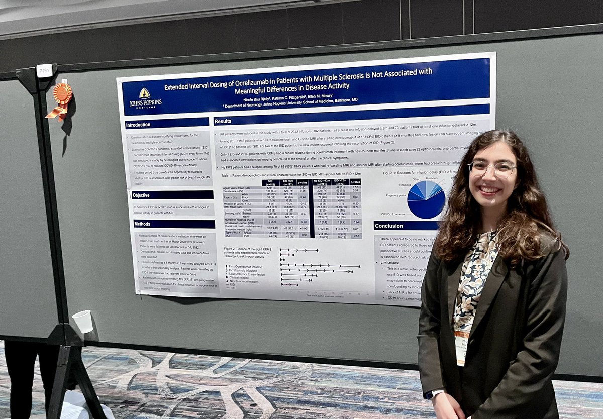 SamRomanMD's tweet photo. Dr. Bou Rjeily presenting data on clinical and radiological disease activity for patients on standard and extended interval dosing with ocrelizumab. 
#ACTRIMS2023
#WomenInNeurology 
#HopkinsMSCenter https://t.co/CErvuHmd6c