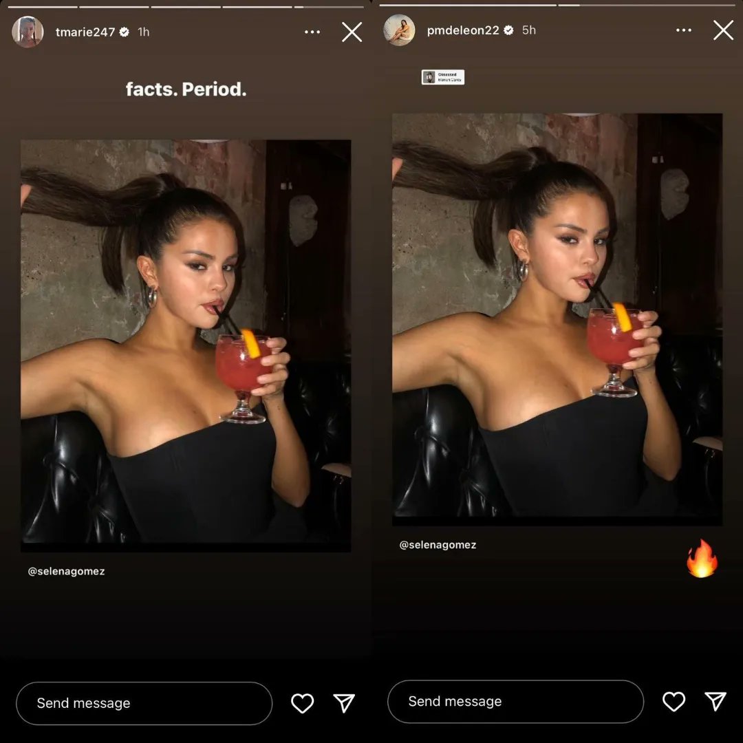 Priscila Cosme (prima) e Theresa Marie (amiga) repostaram a última foto de Selena no Stories, ao som de “Obsessed” de Mariah Carey. Tá rolando alguma coisa que não sabemos!