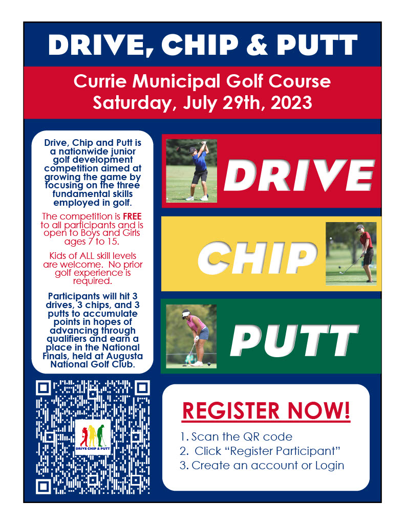 3 DRIVES, 3 CHIPS, 3 PUTTS!  The road to Augusta starts here!  Sign up & join the fun today.  Local qualifier @curriegolf July 29, 2023.  This free event is open to boys & girls 7-15. All skill levels are welcome.  Presented by @PGA, @USGA & @TheMasters  #DriveChipandPutt