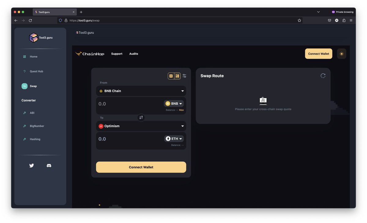 Tool3Guru's tweet photo. We would like to announce cross-chain swapping, powered by ChainHop 😇
https://t.co/xismW3XEBw

We believe cross-chain is the future, and a secure cross-chain swapping is a must-have tool. We choose ChainHop because its simple UI, and smart contract is audited

#tool3 #blockchain https://t.co/1rnEvZwdf1