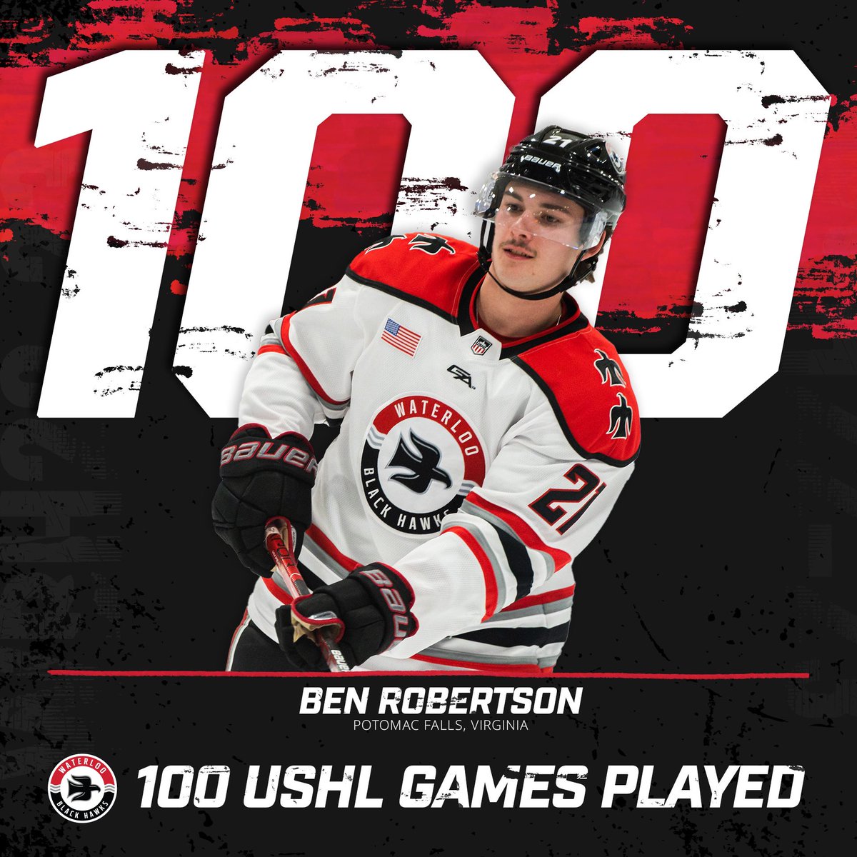 BlckHawksHockey's tweet photo. Congratulations to @BenRobertson04 for reaching 100 USHL games played tonight! Ben is having a tremendous season and leads all Black Hawks with 28 assists, which ranks top 10 among all skaters in the USHL 👀 https://t.co/f9Rms6Htse