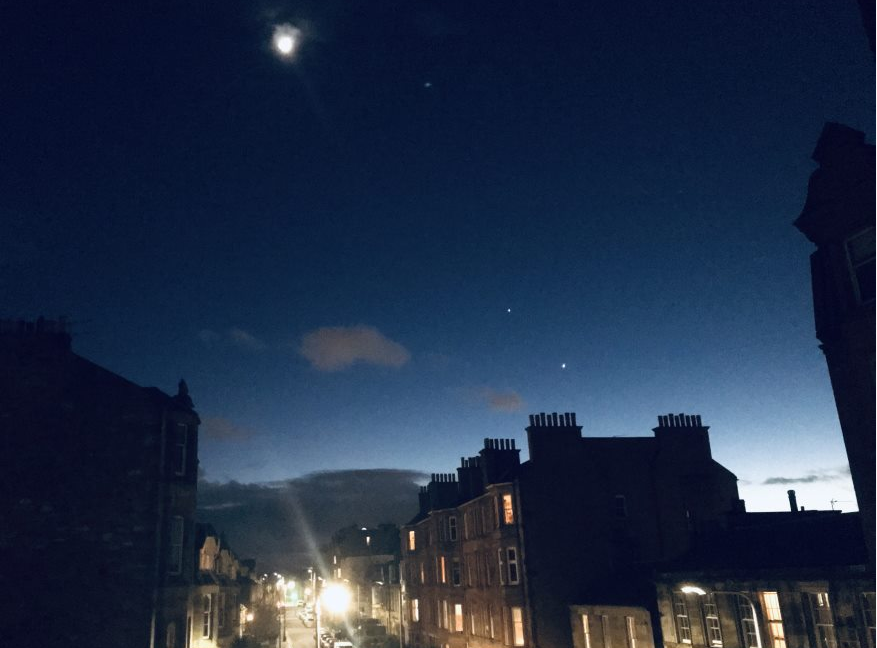 AstroRoyalScot's tweet photo. The moon, Jupiter and Venus looking absolutely gorgeous out my window at the moment - do take a look before they set 🤩.  
If the skies are clear with you tonight, please count some stars, be a citizen scientist and help tackle light pollution!  
💻:https://t.co/m6u0UtgUy1 https://t.co/ZtSDWixwZJ