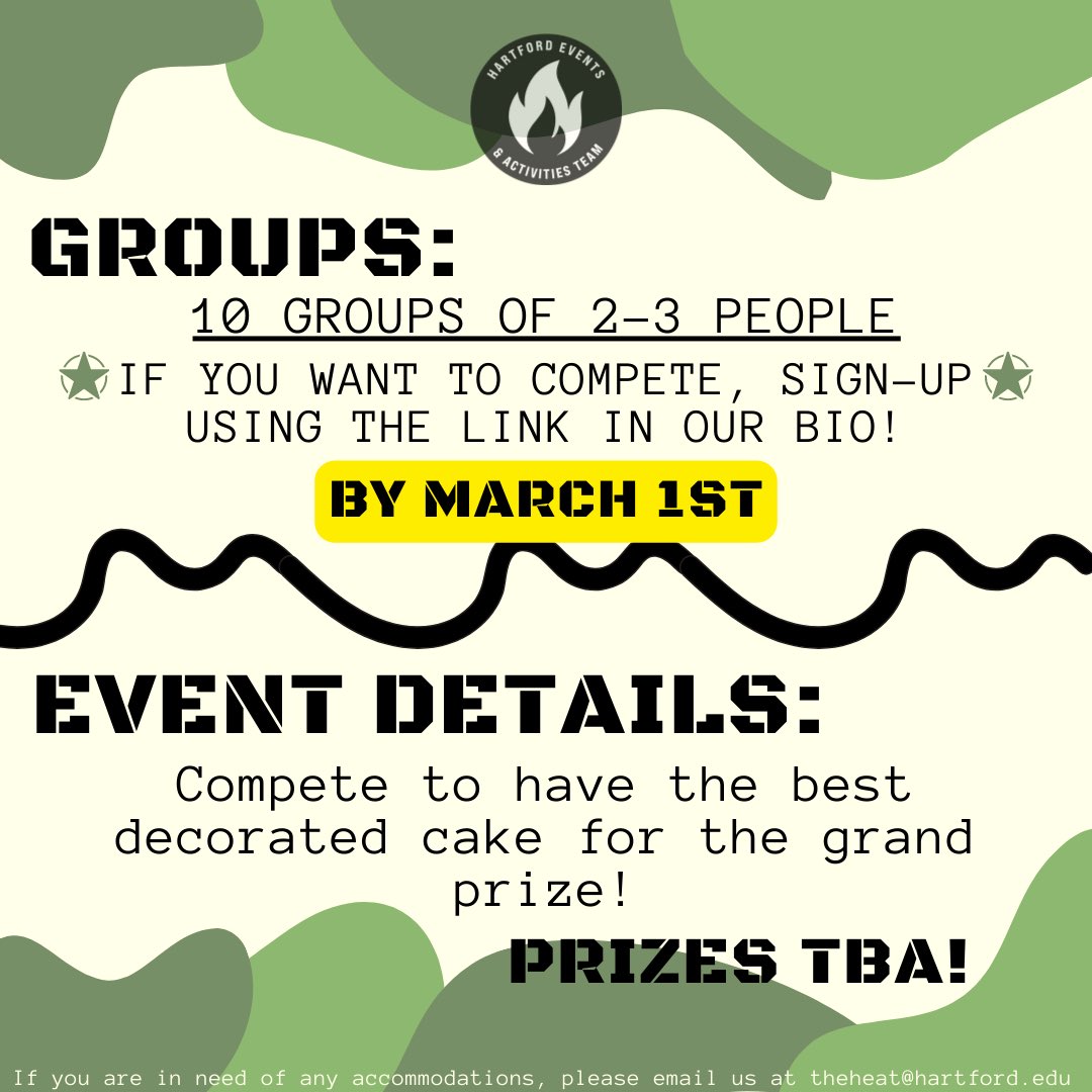 heatuhart's tweet photo. Much like the TV show ‘Cake Wars,’ HEAT is bringing the cake off to campus! 🎂 Students will be competing in groups of 2-3 to have the best decorated cake for a grand prize! ❤️‍🔥 Join us for this battle on Saturday, March 25th, from 7-10:30pm in Konover! 
#heatuhart https://t.co/HgkXOaH6Md