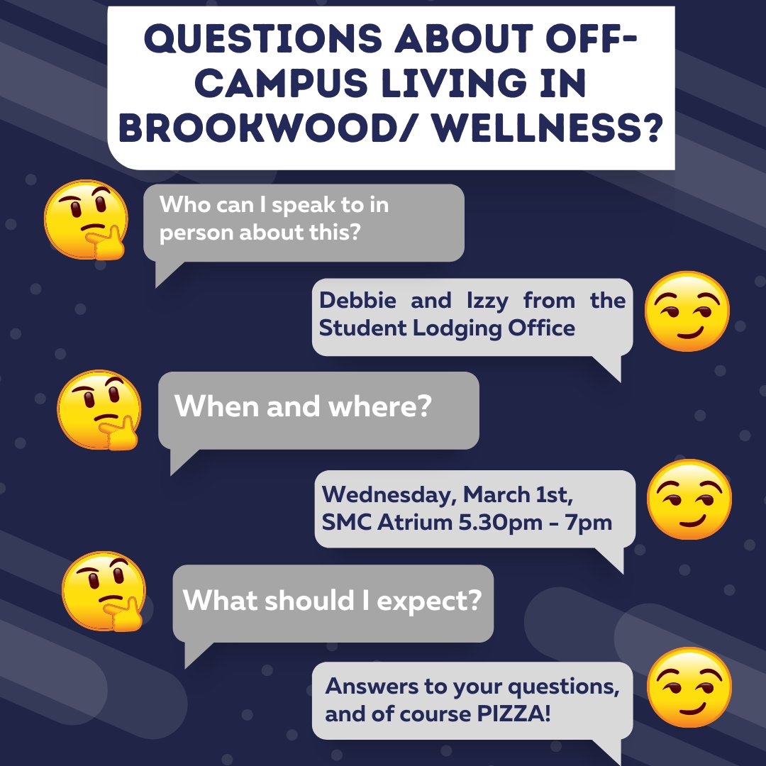 Come join us in the atrium on March 1st at 5:30 PM to receive information about off-campus housing and pizza!