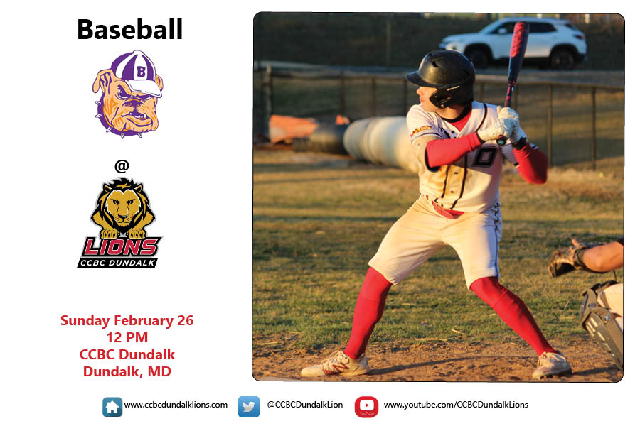 CCBCDundalkAthletics (@ccbcdundalklion) on Twitter photo ⚾️ Baseball Doubleheader
📅 Sunday February 26
⏲️ Noon
🏟️Baseball Field
📍 CCBC Dundalk
🆚 <a href="/BergenAthletics/">Bergen CC Bulldogs</a> @ <a href="/CCBCDunBaseball/">CCBC Lions Baseball</a>
📺 youtube.com/ccbcdundalklio… ⚾️ Baseball Doubleheader
📅 Sunday February 26
⏲️ Noon
🏟️Baseball Field
📍 CCBC Dundalk
🆚 <a href="/BergenAthletics/">Bergen CC Bulldogs</a> @ <a href="/CCBCDunBaseball/">CCBC Lions Baseball</a>
📺 youtube.com/ccbcdundalklio…