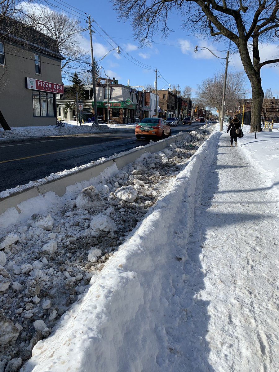AlyssaGins's tweet photo. Really disheartened to see that the bike lanes that were clear on Harbord yesterday are full of crusty snow today. It’s as if plows came by &amp; made the #bikelanes #sidewalk inaccessible. I want to live in a city where accessibility comes 1st. @311Toronto @DianneSaxe @CycleToronto https://t.co/3tcWi8tlu2