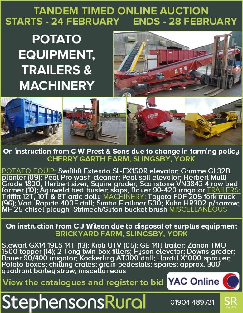 FARM SALE 
potato equipment trailers and farm machinery
ylcauctions.co.uk