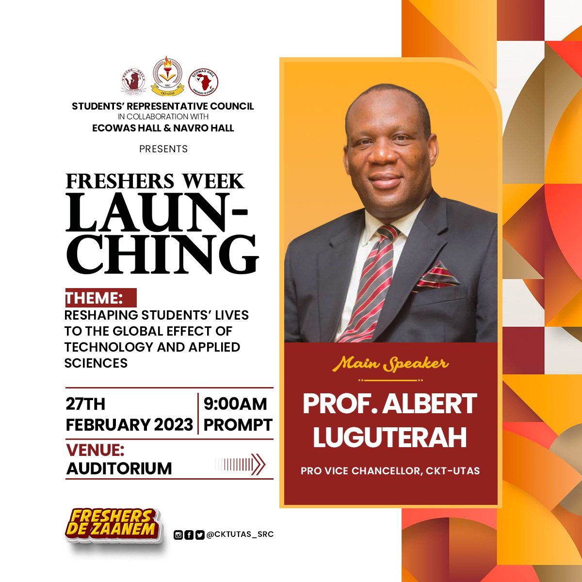 utas_src's tweet photo. UNVEILING OF OUR MAIN SPEAKER FOR THE FRESHERS WEEK LAUNCH

Oops! Guess who we have on the spot

Professor Albert Luguterah, the PRO Vice Chancellor for C.K. Tedam University of Technology and Applied Sciences.

Professor Luguterah has over 27 years of teaching experience ...
1/4 https://t.co/VEZe4XIxWn