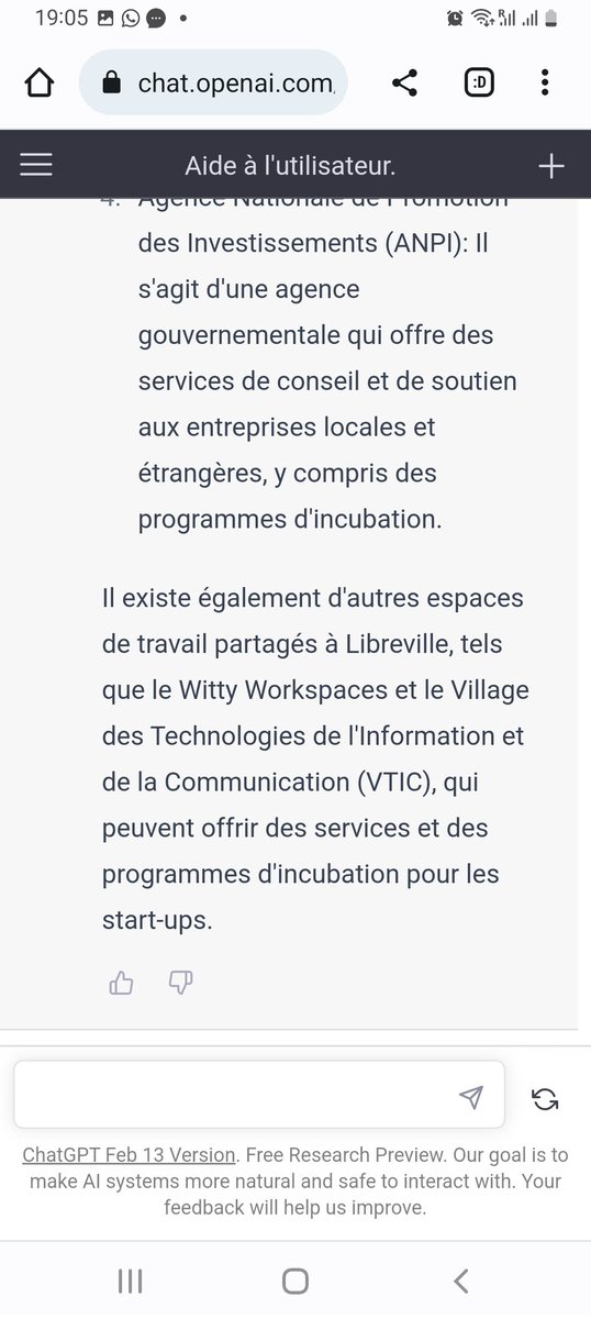 #Gabon #Libreville #ChatGPT
#OpenAI 
Je viens de passer 30 mn à converser avec ChatGPT, considérée comme l'intelligence artificielle la plus abouti du moment.
Questions posées sur le Gabon, réponses mitigées mais bonne capacité d'auto-apprentissage : voici quelques copies d'écran