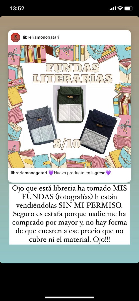 LalyArce1110's tweet photo. LIBRERIA MONOGATARI está usando LAS FOTOS DE MIS FUNDAS y las quiere vender a un precio excesivamente barato. NADIE me ha comprado por mayor y jamás podrían salir a ese precio OJO QUE LOS QUIERAN ESTAFAR https://t.co/SkeMr1E4uR