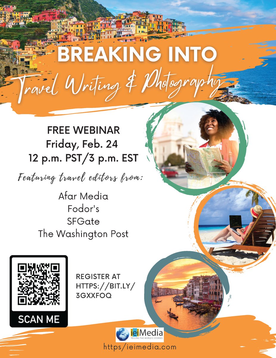 JourProf's tweet image. I'm excited to host a virtual panel on Breaking Into Travel Writing TODAY 2/24 at noon PST, 3 p.m. PST with 
@MsNikkiVargas of @fodorstravel, @kjlagrave of 
@afar, @SilasValentino of @sfgate and @amandajfinnegan of 
@washpost. Join us! Register at:
bit.ly/3YZXfkq