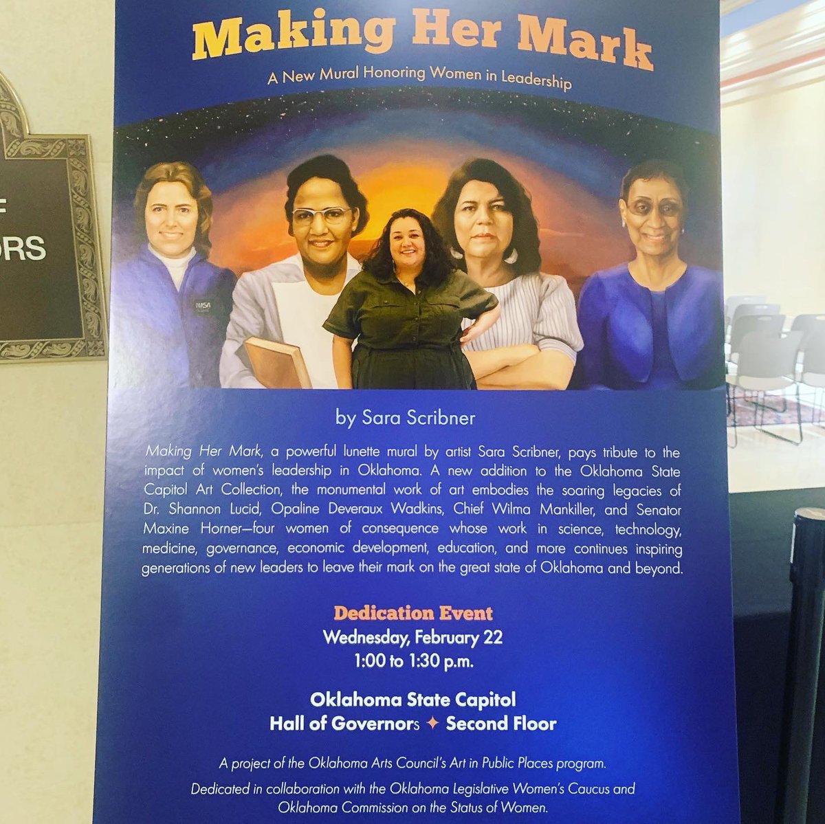 FriendsofOKCap's tweet image. Go to the Capitol soon and see the newest mural, “Making her Mark,” by Sara Scribner.  This mural pays tribute to the impact of woman’s leadership in Oklahoma!  
(Hall of Governors, 2nd Floor)