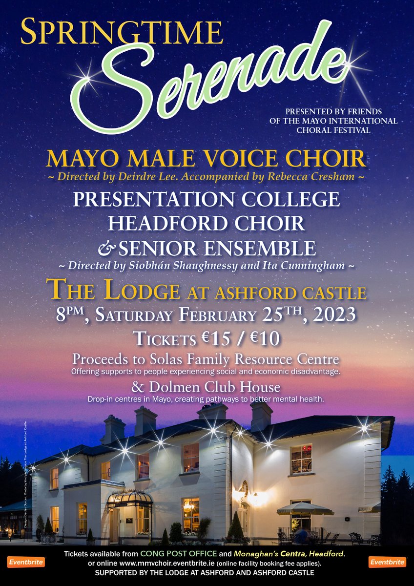 TheLodgeAshford's tweet photo. Weekend plans? #TheLodgeAC will be hosting the @MMVC1 and the choir from @PresHeadford tomorrow night! 🎶

Proceeds will go to @FamilySolas and the Dolmen Clubhouse who support mental health. 

Buy your tickets here https://t.co/1STygmppHZ https://t.co/jPTyCoL099
