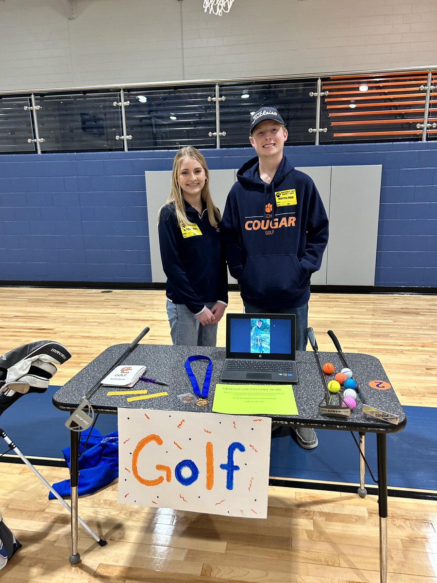 GC_GOLF's tweet photo. Juniors Natalie Garrett &amp; Landon Skees representing the golf team at GCMS showcase today to get middle school ages interested in joining our team. Big thanks to these 2. @GCHS_AD @K105sports https://t.co/xO8GdXhzvl