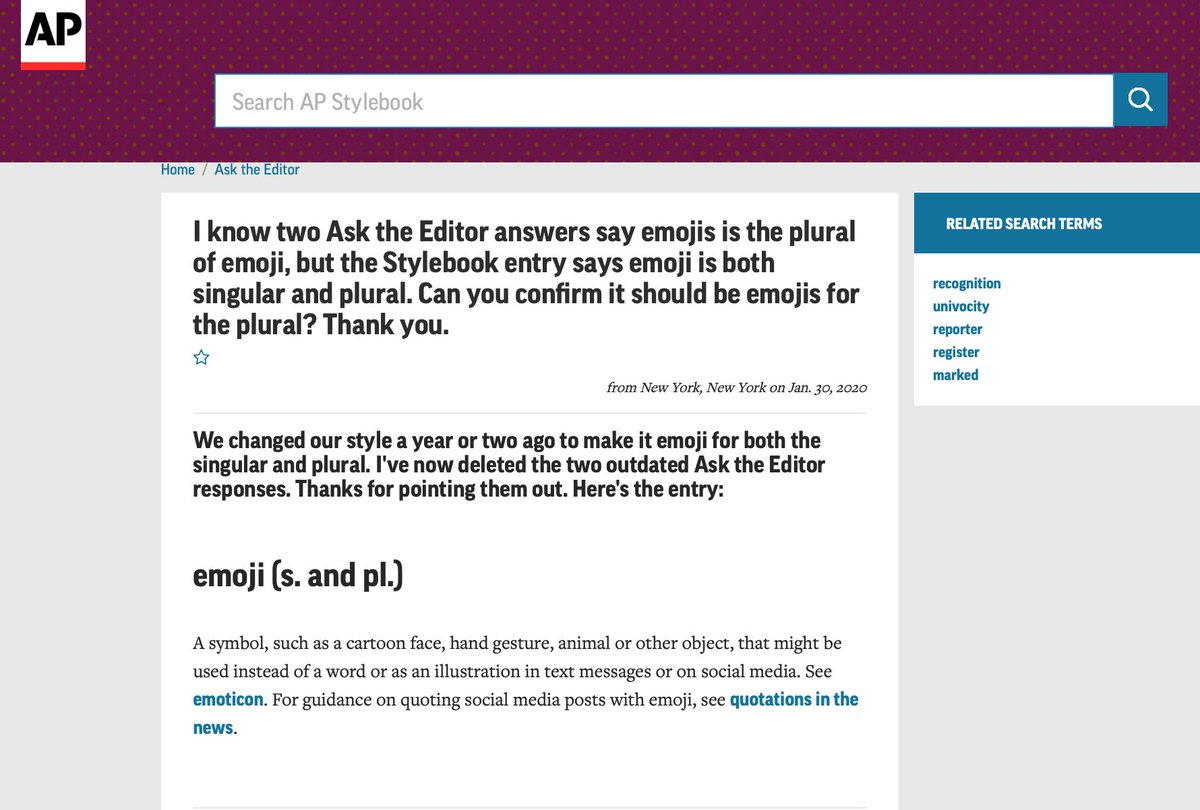burkinfarct's tweet photo. Heads up @Emojipedia, the AP prefers "emoji" for plural now. Figured you'd want to update your FAQ page, which says AP "took a firm stance" to use emojis, which is outdated now. https://t.co/US05hhka3B https://t.co/aQxoX1kAk2