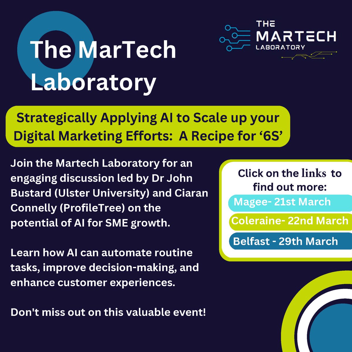 MarTech Lab (@martech_lab) on Twitter photo Free event for Start-ups, Social enterprises, Sustainability or Social good projects focused on strategically applying AI. Only 30 spaces on each! <a href="/Martech_Lab/">MarTech Lab</a>
Magee campus: bit.ly/3IR0g0O
Belfast campus: bit.ly/3KxkU7t
Coleraine campus: bit.ly/3m8S2YY Free event for Start-ups, Social enterprises, Sustainability or Social good projects focused on strategically applying AI. Only 30 spaces on each! <a href="/Martech_Lab/">MarTech Lab</a>
Magee campus: bit.ly/3IR0g0O
Belfast campus: bit.ly/3KxkU7t
Coleraine campus: bit.ly/3m8S2YY
