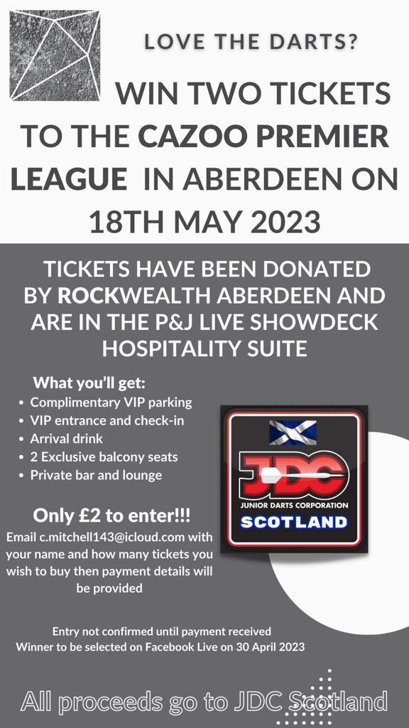 🏴󠁧󠁢󠁳󠁣󠁴󠁿🎯Tickets now onsale🏴󠁧󠁢󠁳󠁣󠁴󠁿🎯 Thank you to @lloydsdavies1 of Rockwealth Aberdeen who donated lounge tickets to raffle for this years Premier League Darts in Aberdeen 🎯 Tickets are only £2 all retweets are appreciated. @soots180 @OfficialPDC @GaryAnderson180