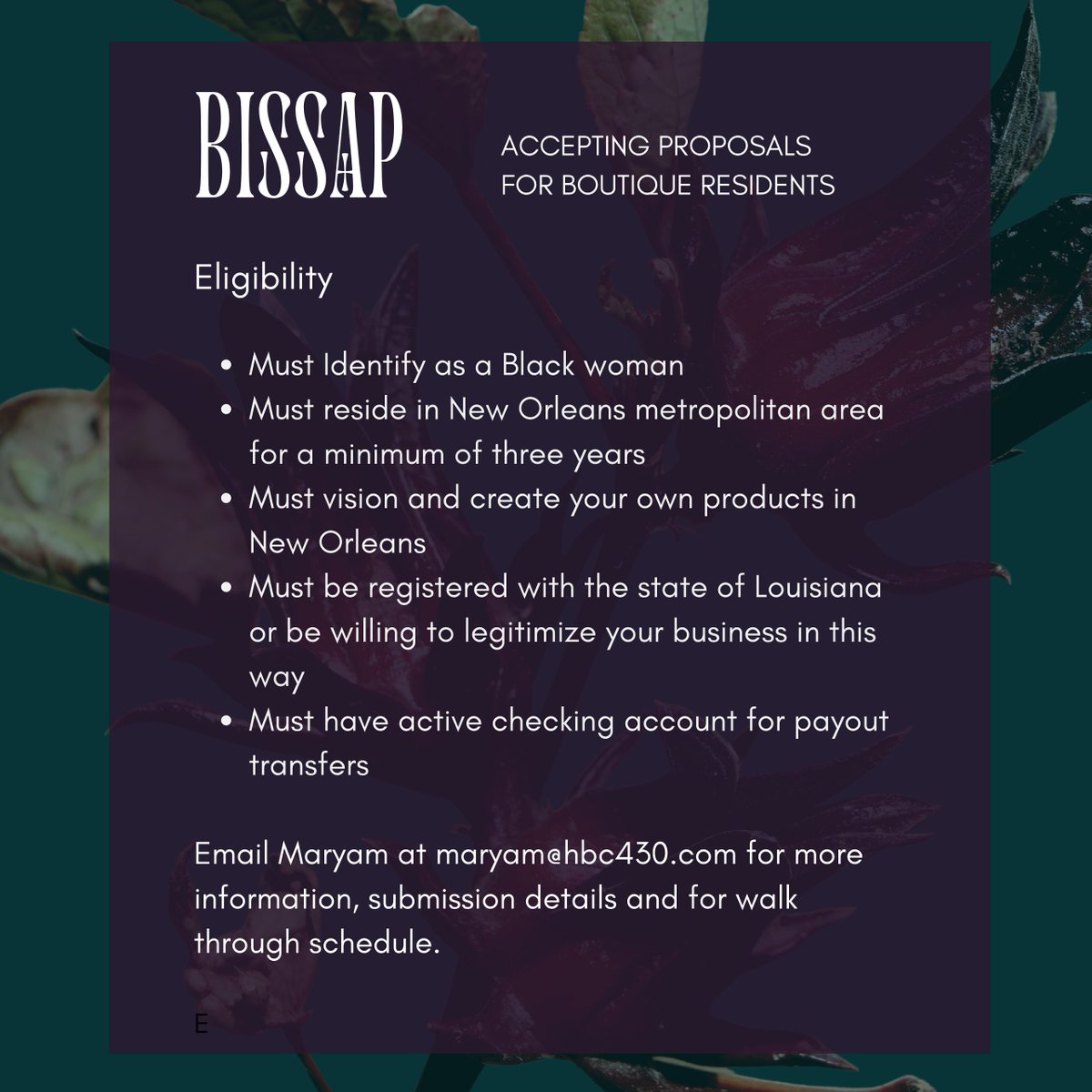 HBC430Creative's tweet photo. BISSAP NOLA\ NOW ACCEPTING PROPOSALS FOR RETAILERS

We are seeking twenty Black woman owned creative businesses to sell wares and provide services in the space. https://t.co/bEc2mvn2sT
