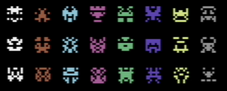 Naufr4g0's tweet photo. Believe it or not what you see below are spaceships created in a completely random way by #C64 #Basic program. I'm developing a game for the BASIC #10Liner Contest. Work in progress... https://t.co/L6LMCOPXYa