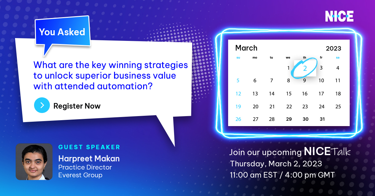 InbarKaren's tweet photo. What are the key winning strategies to unlock superior business value with attended automation?

Get the inside scoop on the #AttendedAutomation Playbook with @EverestGroup and NICE.

Register now 👉 https://t.co/UBhKTz4sxo

#roboticautomation #RobotsAreNICE #RPA https://t.co/SY5uwo4KXm