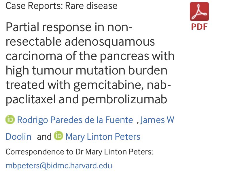So happy to share our most recent publication!!

Our CR talks about a pt w/ a rare form of #PancreaticCancer that responded surprisingly well after 2nd-line chemo + #Pembrolizumab. Currently on maintenance tx w/ Pembro > 2 yrs after diagnosis.

#OncMedEd 

dx.doi.org/10.1136/bcr-20…