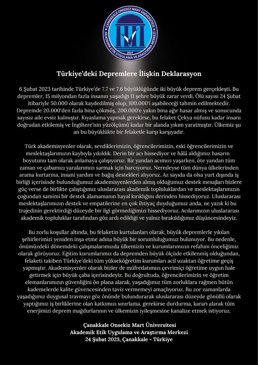 Letter of Declaration of Türkiye’s Earthquakes / Türkiye’deki Depremlere İlişkin Deklarasyon