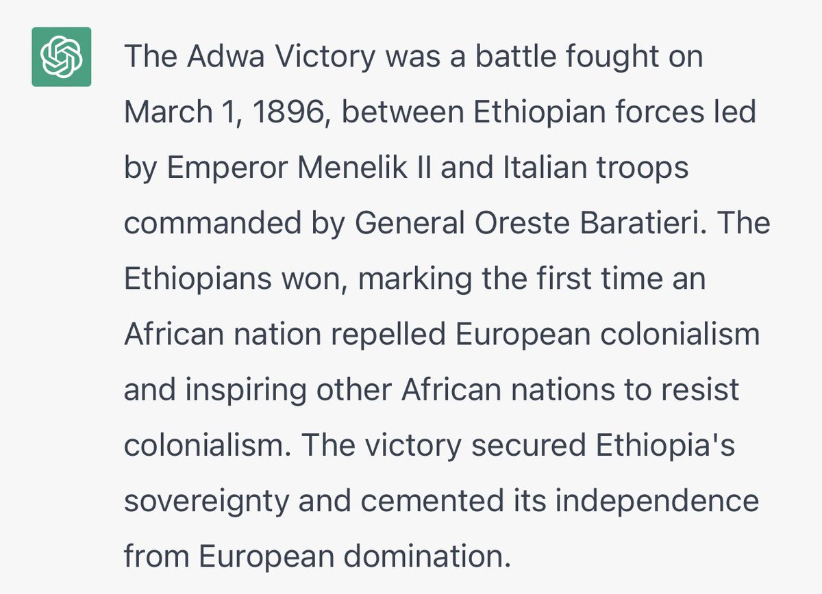 tefekassa's tweet photo. 🤖 hi #ChatGPT
what is adwa victory? make it concise.
🎯 https://t.co/UHW9KWelLb