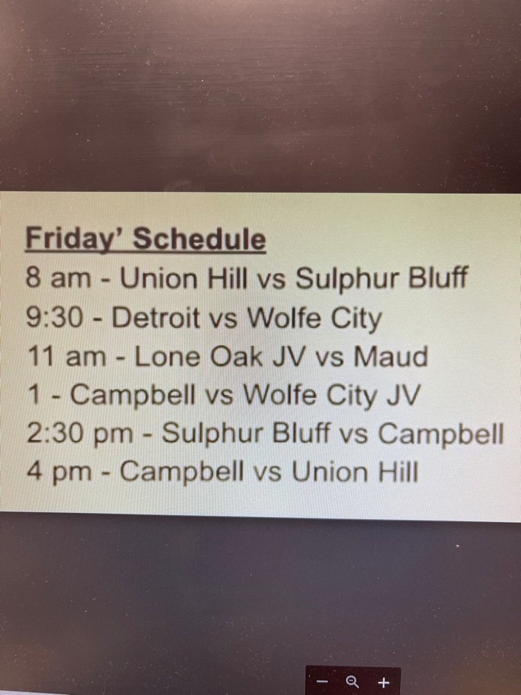 🥎Softball Update For Tomorrow🥎(unless it gets canceled due to weather)

We will play todays (Friday) schedule-attached. Varsity will play Detroit at 9:30 and JV will play Campbell at 1. No bracket play. Have be done at 1:00 no matter what.