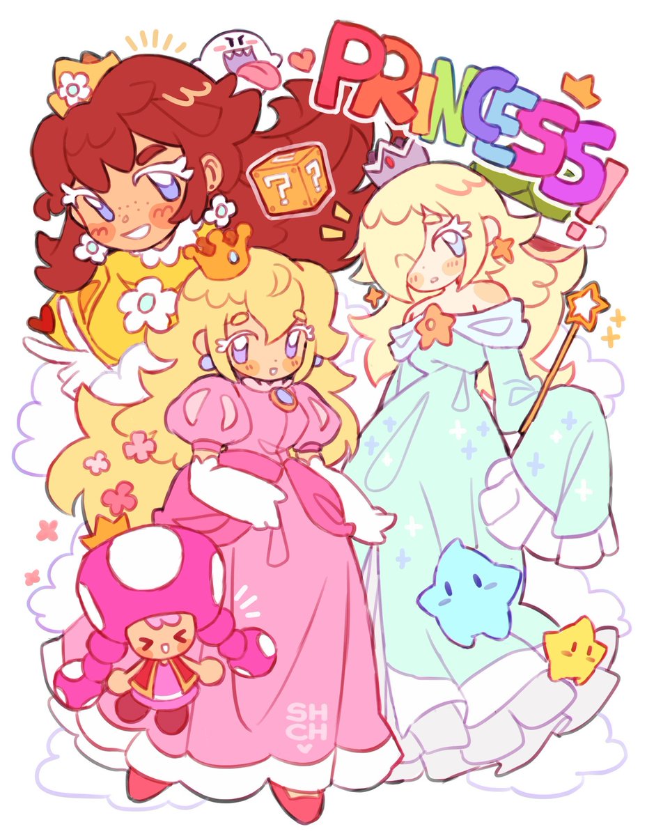 princess daisy ,princess peach ,rosalina multiple girls blonde hair dress crown brown hair smile earrings  illustration images