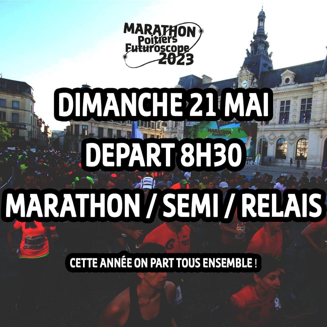 🔥 NOUVEAUTÉ 2023 🔥

Pour cette 17e édition, le départ de nos épreuves du dimanche 21 mai se feront ensemble à 8h30 🤯

Coureurs et coureuses du marathon, du semi ou du relais, préparez vous à un départ animé et festif ! 😁

#Marathon #Poitiers #Futuroscope