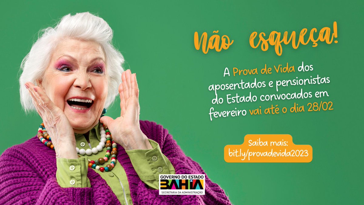 saebgovba's tweet image. De olho no prazo! ⏰

Aposentados e pensionistas aniversariantes de fevereiro, convocados a realizar a #ProvadeVida, têm até o dia 28 deste mês.

A regra vale para quem está vinculado ao Poder Executivo, Ministério Público e Tribunal de Justiça.

📲  bit.ly/provadevida2023
