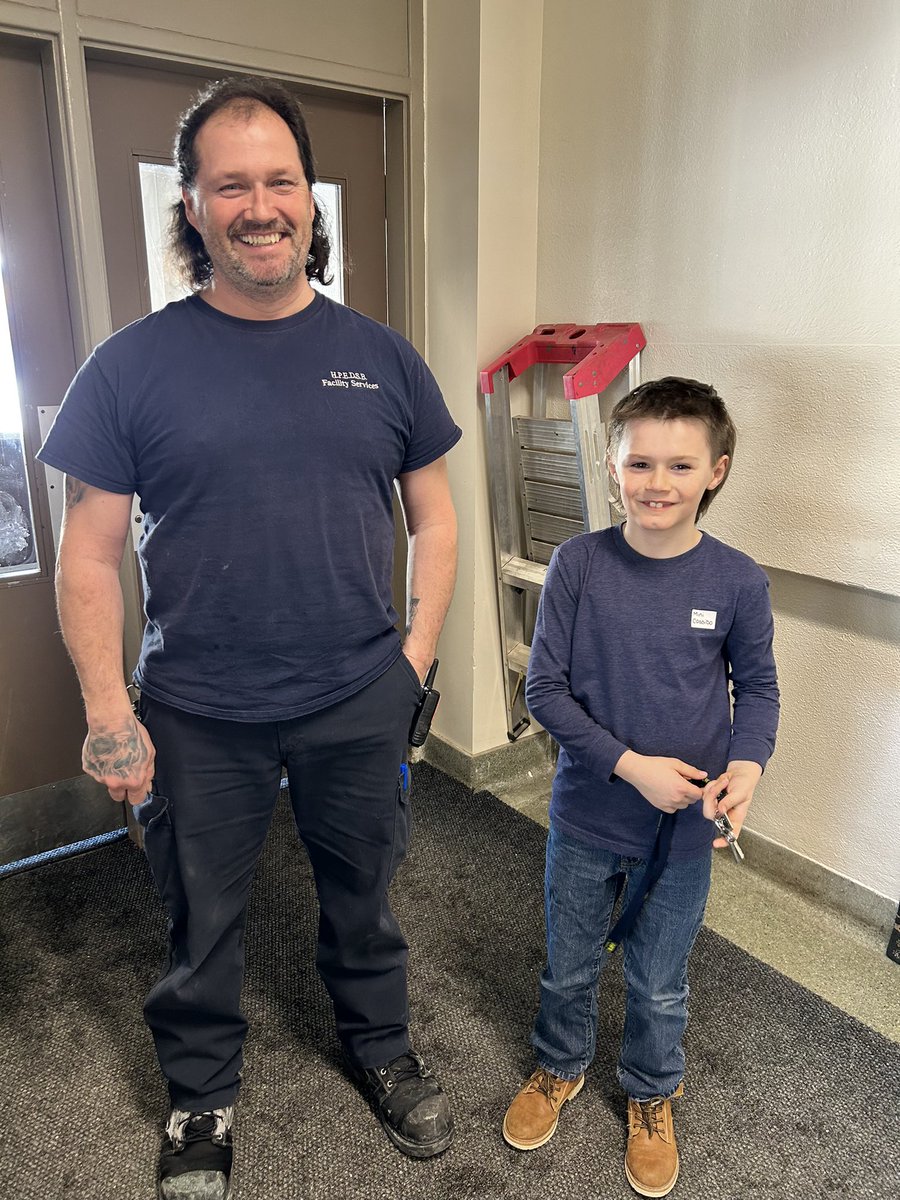 This student is rocking his lead hand outfit today. Thanks to Mr. Cassibo and Mini Cassibo for making a difference at PCB!  <a href="/HPE_Facilities/">HPEDSB - Facility Services</a>