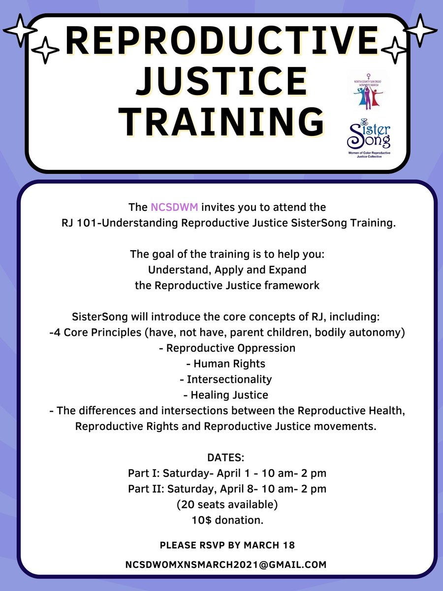 MarchNcsd's tweet photo. April 1 &amp; 8
The NCSDWM invites you to a unique training opportunity. 
In conjunction with SisterSong, we are hosting Reproductive Justice 101 online training.
@SisterSong_WOC https://t.co/tinKMZTgBx